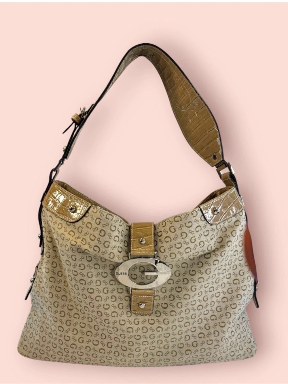 GUESS Beige Monogram Shoulder Bag with Gold Accent